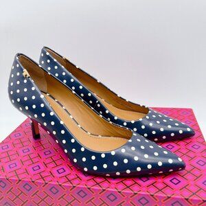 Tory Burch Penelope 65MM Polka A Dot Pointed Toe Heel Pump Blue Leather US 7